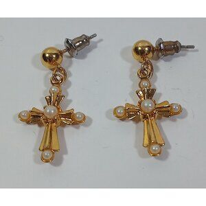 Avon Cross Faux Pearl Earrings Vintage Pair 1990s Stud Girls Retro Gold Colored